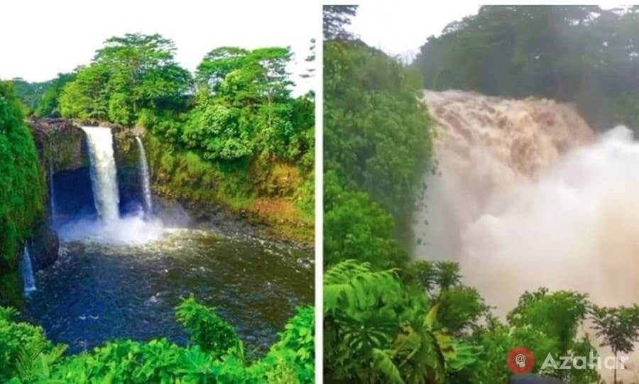 How does a waterfall change during a hurricane