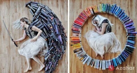 girl turned her huge library into a fantastic art project