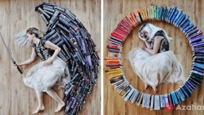 girl turned her huge library into a fantastic art project