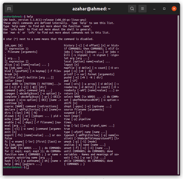 full list of internal shell commands